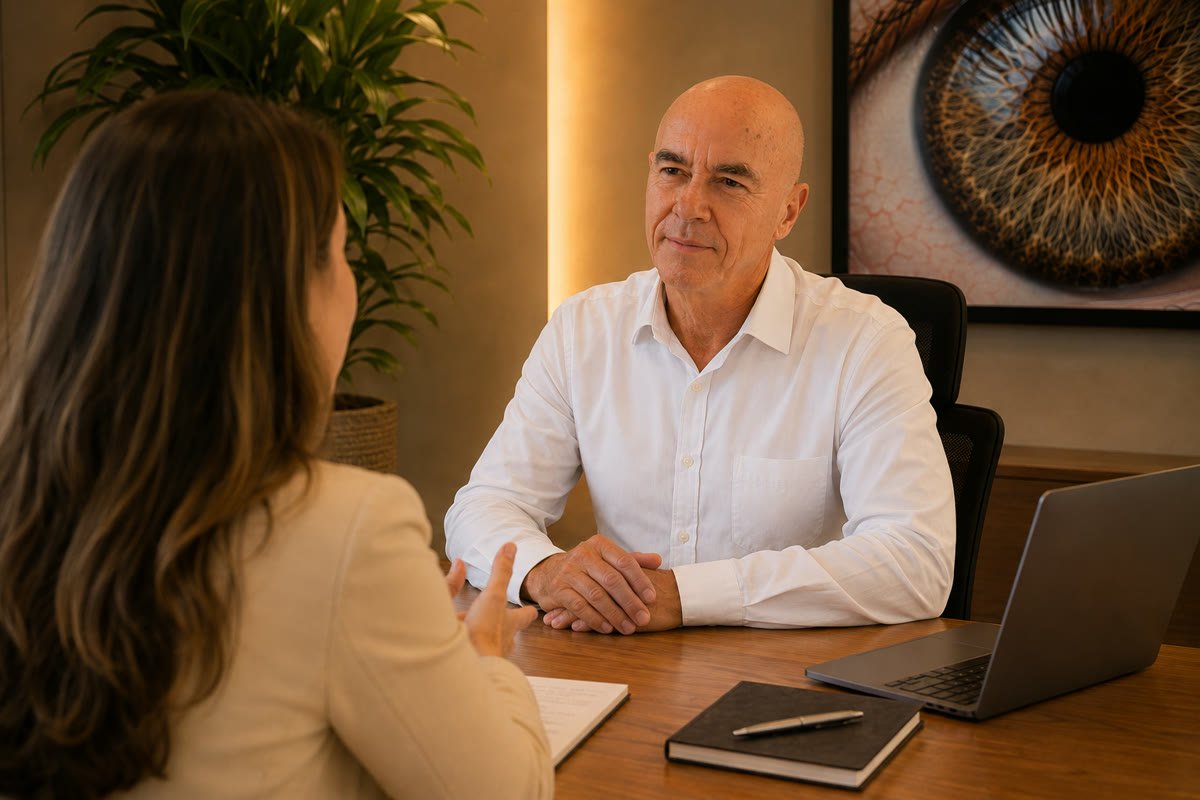 Prof. Iraídes conversando com uma paciente durante a consulta.